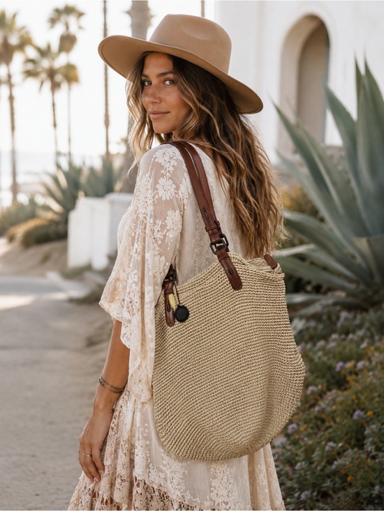 The Sak Handbags - The Sak Beige Crochet Tote Bag Brown Leather Straps Boho Beach Purse Sack Bag